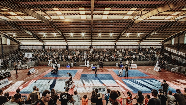 A large indoor arena with a high ceiling, filled with an audience seated on bleachers. In the center, two fighters are engaged in a martial arts competition on blue and red mats. The scene is captured through a mesh fence, adding a textured foreground.