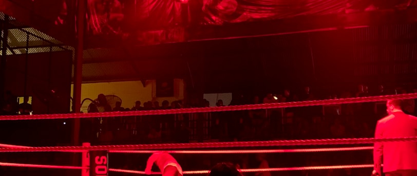 A wrestling ring is illuminated with red lighting, creating a dramatic atmosphere. Several people are visible around the ring, with silhouetted spectators in the foreground. Banners or art adorn the upper walls, and the venue has an industrial ceiling with exposed beams.